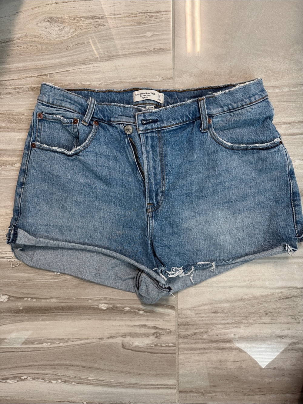 Abercrombie & Fitch Curve Love, Blue Distressed Denim Cutoff Shorts